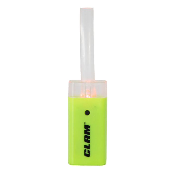Clam Nite Bite Tip Up Light in bright yellow-green with clear top and vertical stem, designed for enhanced visibility in fishing tackle and ice fishing setups.