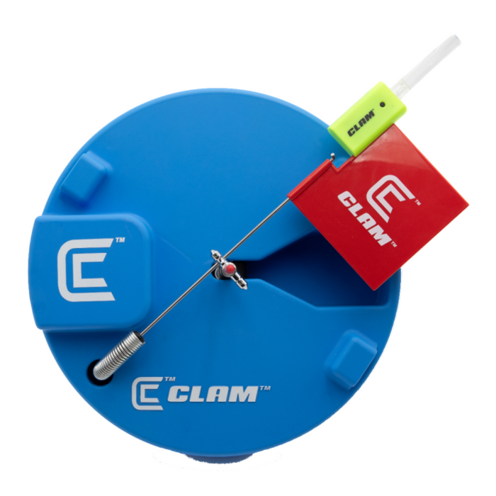 Clam Nite Bite Tip Up Light with blue circular base, spring-loaded trigger arm, and bright yellow light indicator, designed for ice fishing visibility and bite detection.