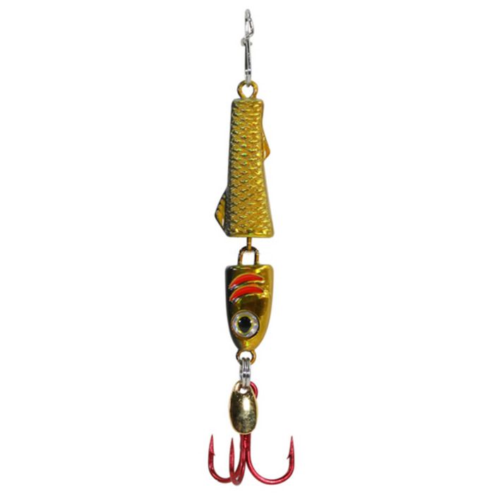 Clam Pinhead Pro Jointed Jigging Mino fishing lure in gold with segmented body, realistic eye detail, and red treble hook for attracting fish in freshwater or saltwater fishing tackle.