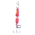 Clam Pinhead Pro Jointed PT Jigging Mino in bright pink and orange with a metal spinner blade and sharp treble hook, designed for effective fishing lure action.