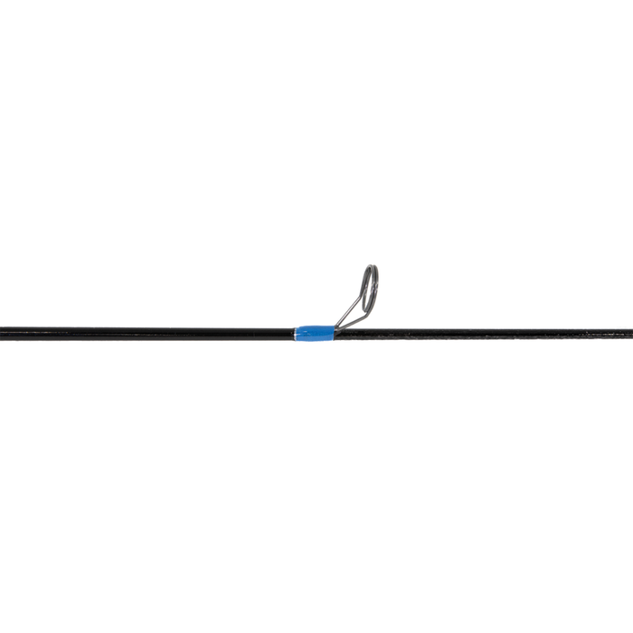 Close-up view of the Clam Predator Rod fishing rod section showing a black graphite shaft with a blue thread wrap and stainless steel line guide for smooth casting and durability.
