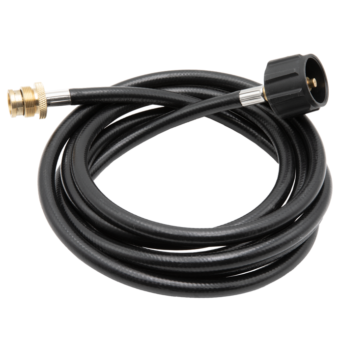 Clam Propane Extension Hoses coiled black flexible hose with brass and black plastic connectors designed for extending propane gas supply connections.