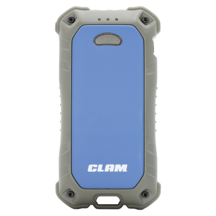 Clam Rechargeable Hand Warmer 2.0 in blue with rugged gray protective casing, compact and portable design ideal for outdoor activities like fishing and ice fishing.