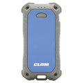 Clam Rechargeable Hand Warmer 2.0 in blue with rugged gray protective casing, compact and portable design ideal for outdoor activities like fishing and ice fishing.