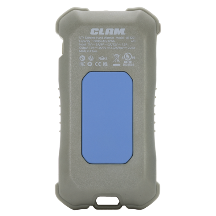 Clam Rechargeable Hand Warmer 2.0 shown in gray with a blue center panel, designed for portable, rechargeable warmth during outdoor fishing and cold weather activities.