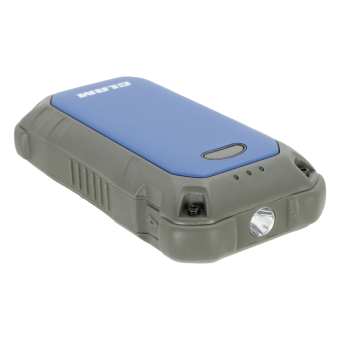 Compact Clam Rechargeable Hand Warmer 2.0 in blue and gray with ergonomic design, LED light, and battery indicator lights, ideal for outdoor fishing and cold weather activities.