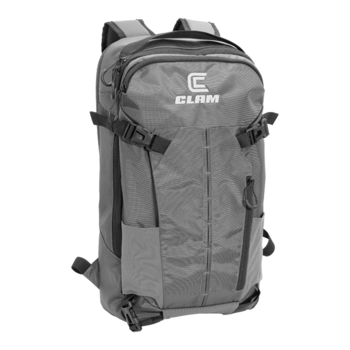 Gray Clam Slim Backpack with multiple zippered compartments, adjustable padded shoulder straps, side pockets, and compression straps for carrying fishing tackle and gear.