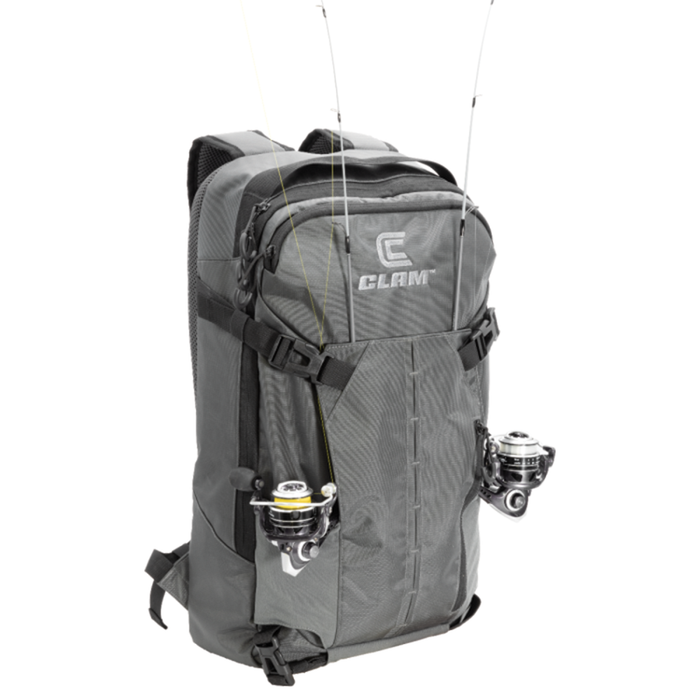 Clam Slim Backpack in gray with adjustable straps, multiple compartments, and holders securing two fishing rods and reels, designed for convenient fishing tackle storage.