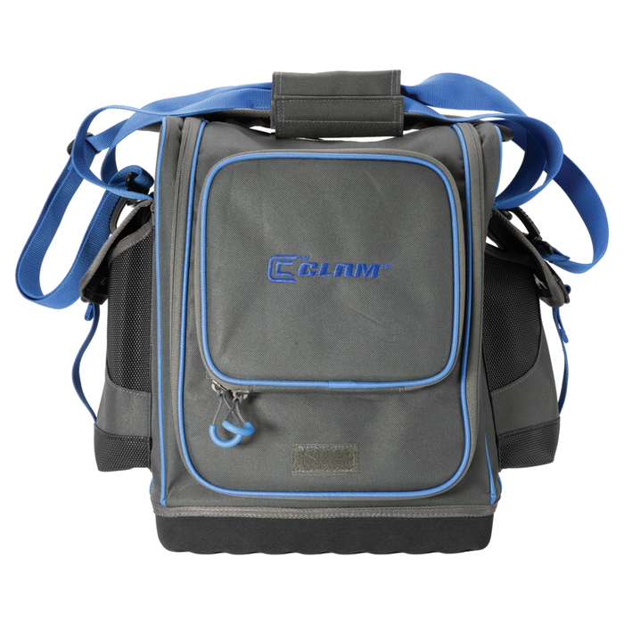 Clam Sonar Carry Bag in gray with blue trim, featuring multiple zippered compartments, padded shoulder strap, and durable material designed for carrying fishing tackle and marine electronics.