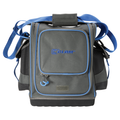 Clam Sonar Carry Bag in gray with blue trim, featuring multiple zippered compartments, padded shoulder strap, and durable material designed for carrying fishing tackle and marine electronics.