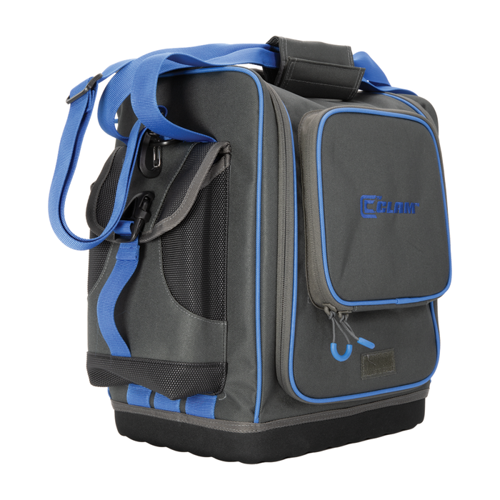 Clam Sonar Carry Bag in gray with blue accents featuring multiple zippered compartments, padded shoulder strap, and mesh side pockets, designed for organized storage of fishing tackle and gear.