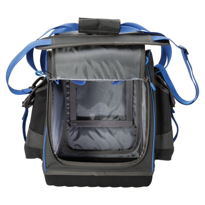 Clam Sonar Carry Bag shown open, featuring a spacious interior with transparent compartment, adjustable shoulder strap, and multiple side pockets for organizing fishing tackle and marine electronics.