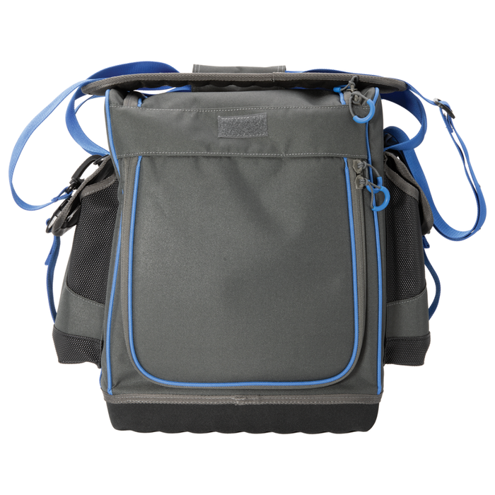 Clam Sonar Carry Bag in gray with blue accents, featuring multiple zippered compartments, mesh side pockets, and adjustable shoulder straps designed for fishing tackle and accessories.