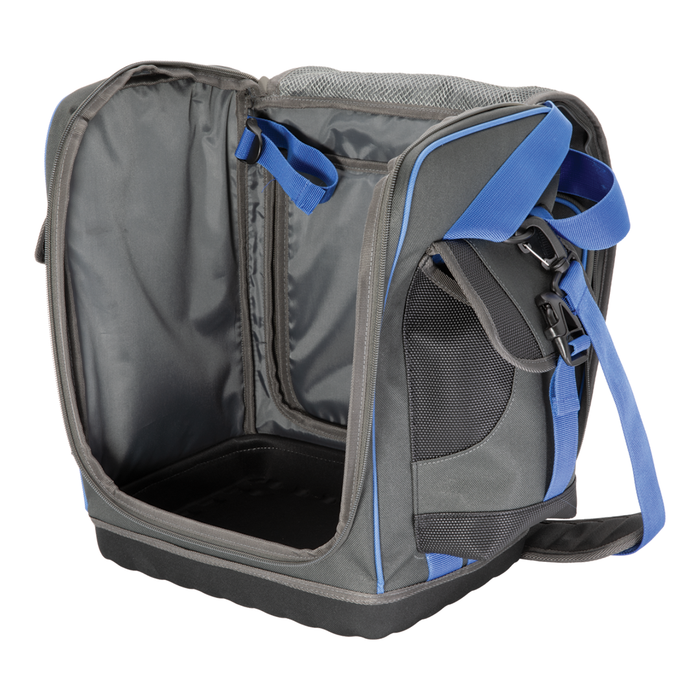 Clam Sonar Carry Bag in gray and blue with an open main compartment, padded shoulder strap, mesh side pocket, and durable base, designed for carrying fishing tackle and marine electronics.