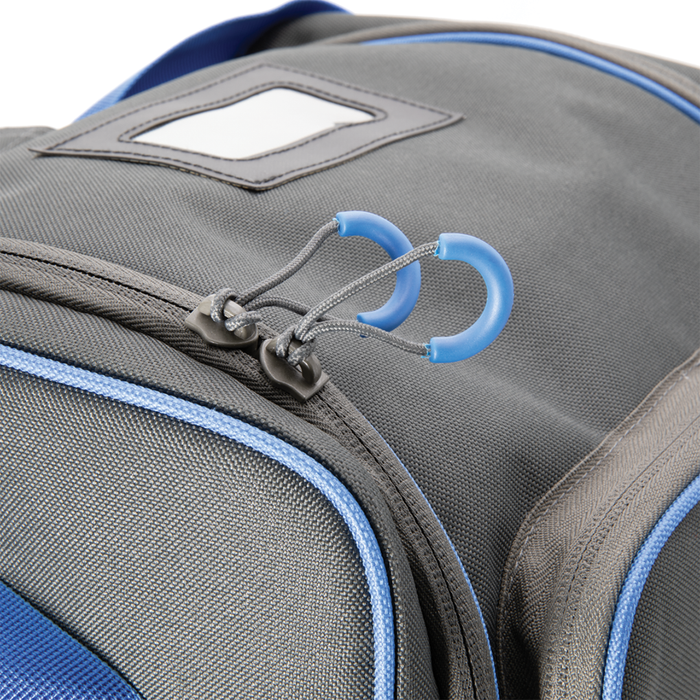 Close-up of gray and blue Clam Sonar Carry Bag showing durable fabric, reinforced stitching, and blue zipper pull tabs designed for secure storage of fishing tackle and marine electronics.