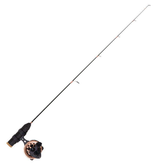 Clam Spooler Elite Combo fishing rod and reel combo designed for smooth line spooling with a black rod, ergonomic cork handle, and bronze-colored reel suitable for musky and ice fishing tackle.