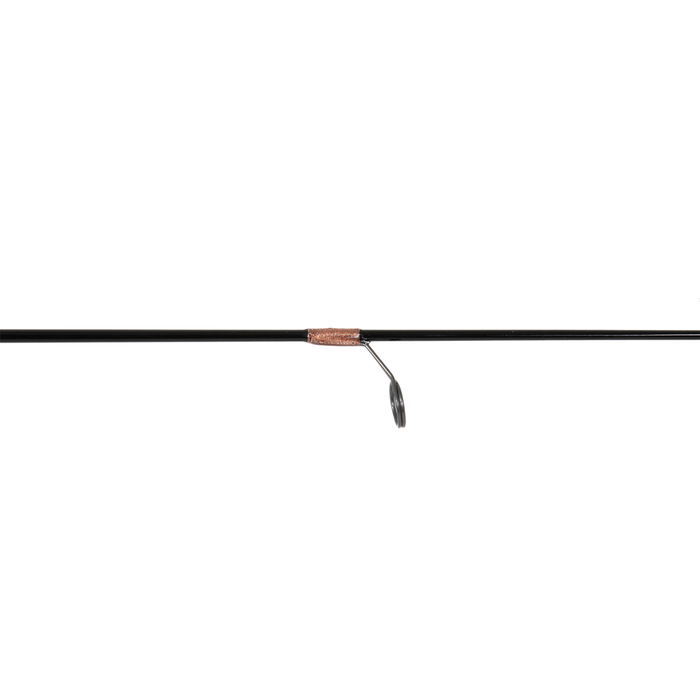 Close-up of a black fishing rod guide wrapped with copper thread, part of the Clam Spooler Elite Combo fishing rod designed for precision and durability in fishing tackle.