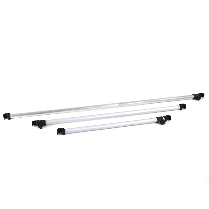 Three adjustable aluminum poles with black plastic clamps at the ends, shown separately on a white background as the Clam Spreader Pole Kit for fishing tackle use.