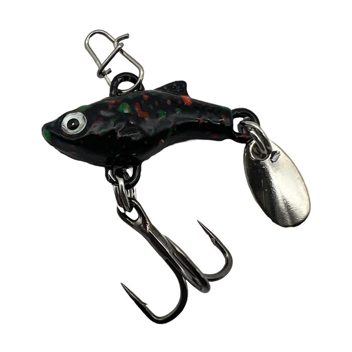 Clam Tikka Flash - Crappie Chronicles Custom fishing lure shaped like a small fish with a black and green speckled body, featuring a treble hook and a silver spinner blade.
