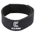 Clam Tip Up/Rattle Reel Spool Wrap is a black fabric strap with a hook-and-loop fastener, designed to protect and secure fishing reels during transport and storage.