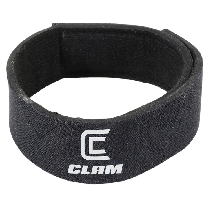 Clam Tip Up/Rattle Reel Spool Wrap is a black fabric strap with a hook-and-loop fastener, designed to protect and secure fishing reels during transport and storage.