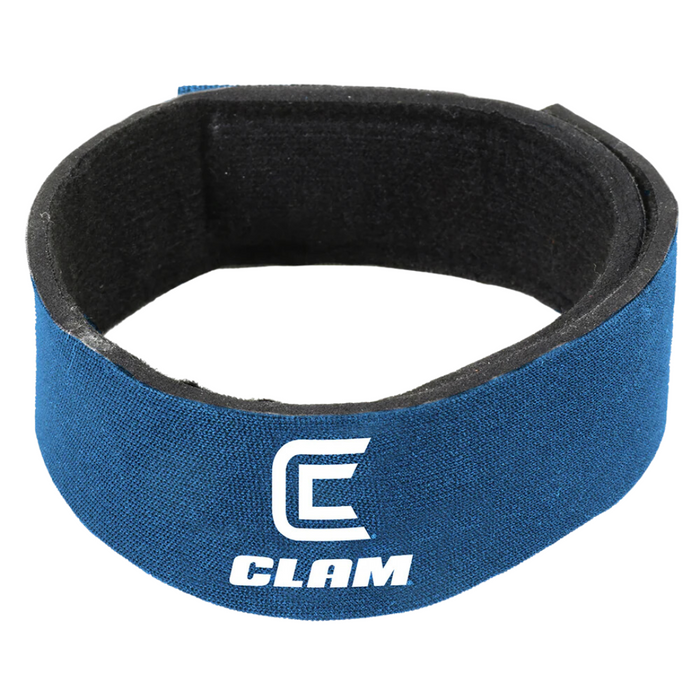 Blue fabric Clam Tip Up/Rattle Reel Spool Wrap with black inner lining and white Clam logo, designed to protect and organize fishing reels and tackle.