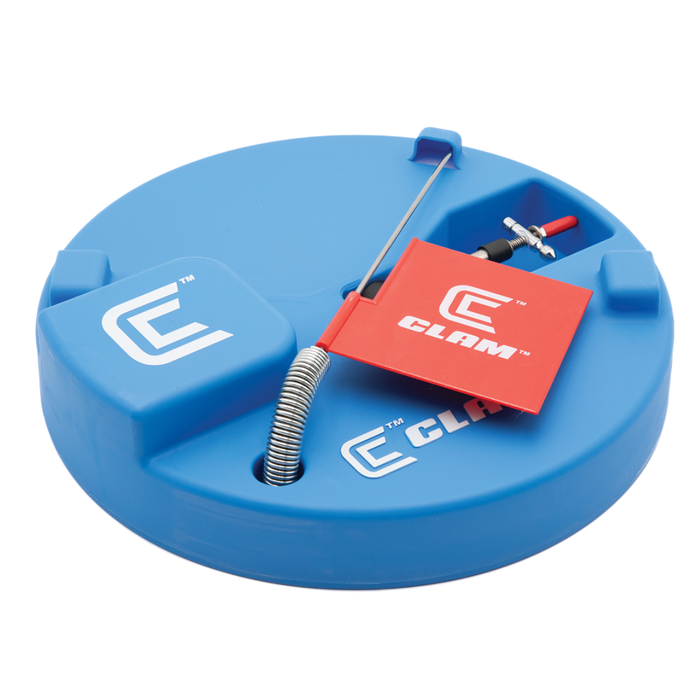Clam Trophy Thermal Tip-Up in blue with a red flag and metal spring mechanism designed for ice fishing to detect fish bites through the ice surface.