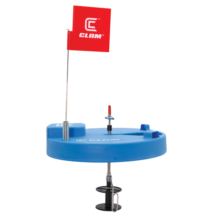 Clam Trophy Thermal Tip-Up with a blue base, red flag, and a spool mechanism designed for ice fishing detection and bite indication.