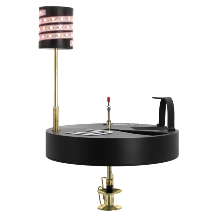 Clam Watchtower Lighted Tip-Up ice fishing device with a round black plastic base, spring-loaded red flag indicator, LED lighted tip on a metal rod, and metal screw clamp for securing on ice.