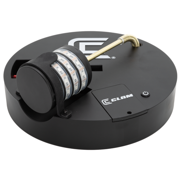 Clam Watchtower Lighted Tip-Up featuring a round black base with an LED light strip on a rotating spool and a flexible gold-colored gooseneck arm for ice fishing detection.