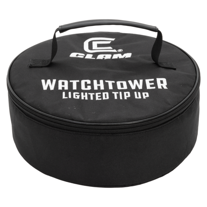 Black round carrying case with handle, branded with white "Clam Watchtower Lighted Tip-Up" text, designed for storing and transporting ice fishing tip-up equipment.