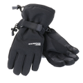 Pair of black Clam Youth Gloves designed for cold weather protection with adjustable wrists and reinforced palms for durability in fishing tackle and ice fishing activities.
