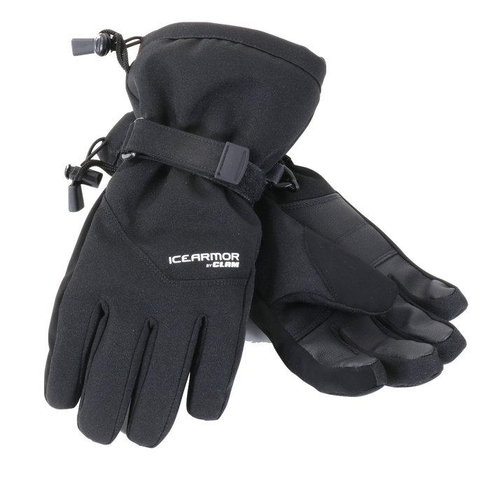 Pair of black Clam Youth Gloves designed for cold weather protection with adjustable wrists and reinforced palms for durability in fishing tackle and ice fishing activities.