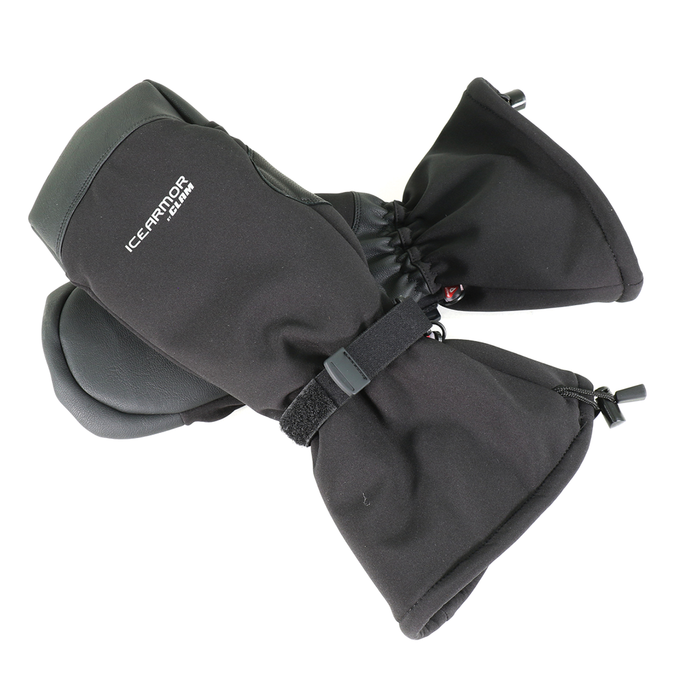 Clam Youth Mitts in black designed with insulated waterproof fabric, adjustable wrist straps, and extended cuffs for enhanced warmth and protection during ice fishing.