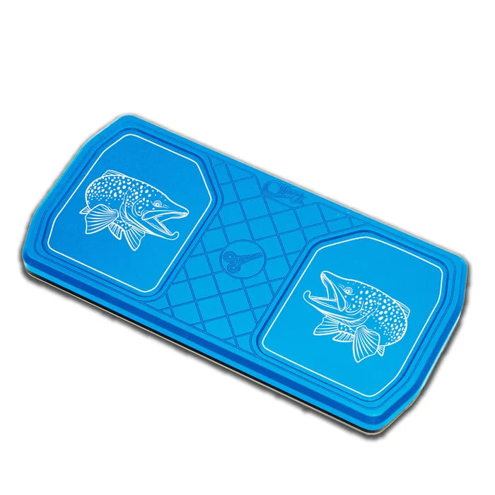 Blue rectangular fishing lure magnet with white fish illustrations on each side, designed to hold metal fishing tackle securely, Cling Mag Grab Delta D2.