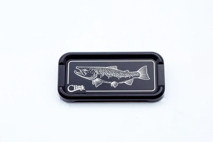 Cling Mag Grab Double Stack magnetic fishing tackle box in black with white trout illustration, designed for organizing fishing lures and gear efficiently.