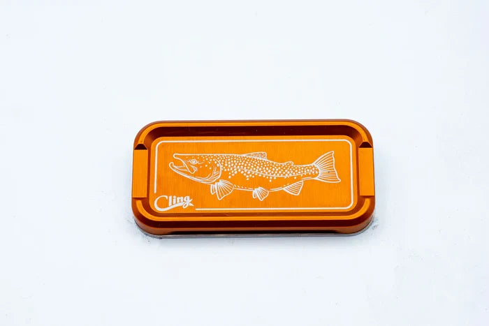 Cling Mag Grab Double Stack in bright orange with a detailed white outline of a fish on the lid, designed for secure fishing tackle storage.