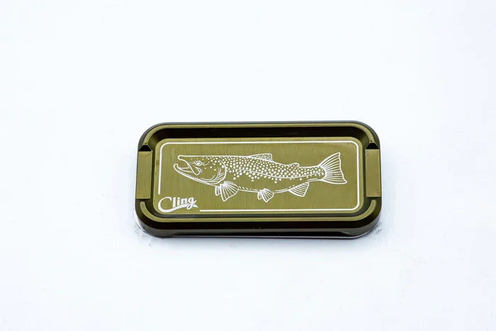 Cling Mag Grab Double Stack fishing tackle box in olive green with a white fish illustration on the lid, designed for securely storing small fishing gear.