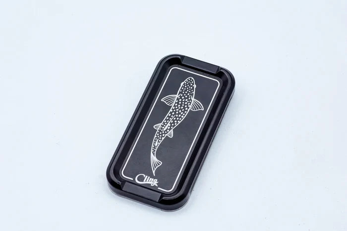 Black Cling Mag Grab Double Stack fishing tackle box with white musky fish illustration on lid, designed for organized storage of fishing lures and gear.