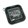 Black square magnetic tackle tray with a white detailed fish illustration and the words Cling Mag Grab Plus printed on the surface, designed for securely holding fishing lures and small gear.