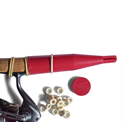Cold Snap Reel Wrap - Pro Pack shown installed on a fishing rod handle with multiple white silicone reel wrap bands and a red protective reel cover cap, designed for securing fishing tackle.