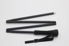 Black collapsible wading staff segmented into four parts, featuring a foam grip and adjustable wrist strap for secure handling during fishing activities.