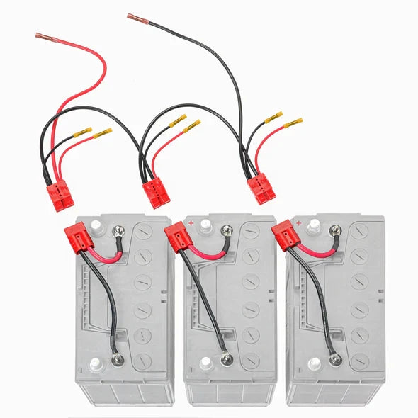 Three gray rectangular batteries connected by black and red wires with red plastic connectors, shown as part of the Connect-Ease 36 Volt Series Trolling Motor Connection Kit Lithium Compatible RCE36VBCHK.
