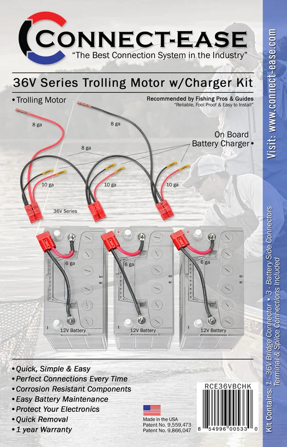 Connect-Ease 36 Volt Series Trolling Motor Connection Kit Lithium Compatible RCE36VBCHK showing red and black wiring cables connecting three 12V batteries and a trolling motor with charger kit, designed for easy, corrosion-resistant fishing tackle and marine electronics connections.