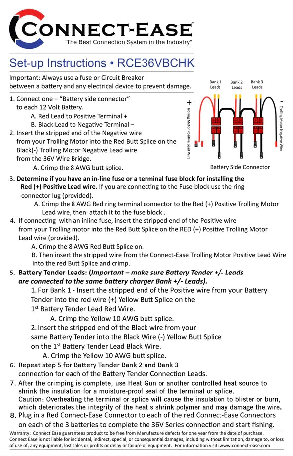 Instruction sheet for Connect-Ease 36 Volt Series Trolling Motor Connection Kit Lithium Compatible RCE36VBCHK showing detailed wiring setup with color-coded battery side connectors and leads.