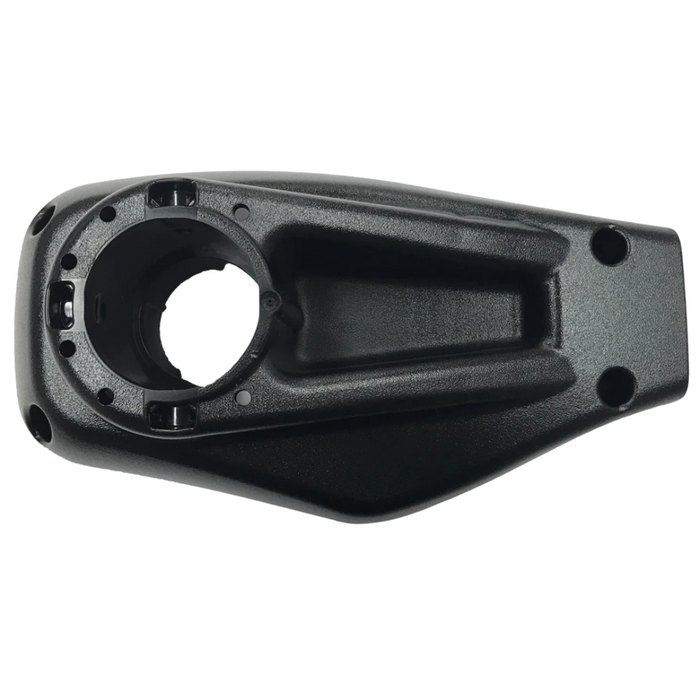 Black plastic control box with a circular mounting opening and multiple screw holes, designed for fishing tackle equipment, labeled CONTROL BOX , PLASTIC 2282500.