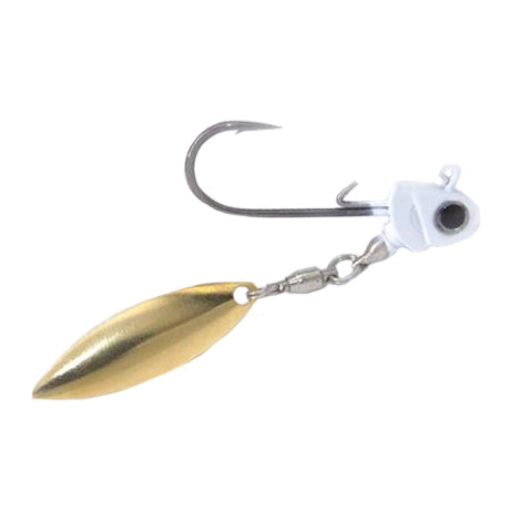 Coolbaits Lures Down Under Underspin - Gold Blade fishing lure with a white jig head featuring a black eye and a curved sharp hook attached to a shiny gold blade spinner for fishing tackle.