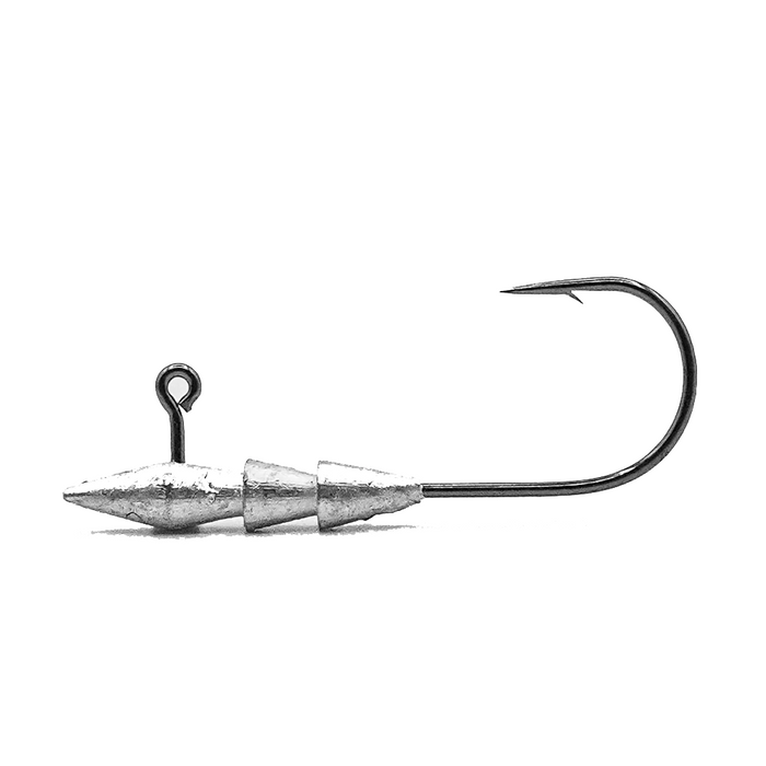 Core Tackle Hover Rig (3 Pack) featuring a streamlined metallic jig head with an attached sharp fishing hook designed for effective musky and other freshwater fishing.