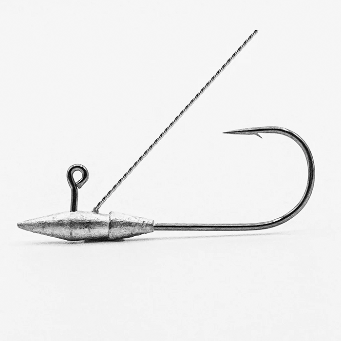 Core Tackle Weedless Hover Rig (3 Pack) showing a close-up of a single rig with a weighted lead head, weedless wire guard, and sharp fishing hook designed for improved fishing tackle performance.