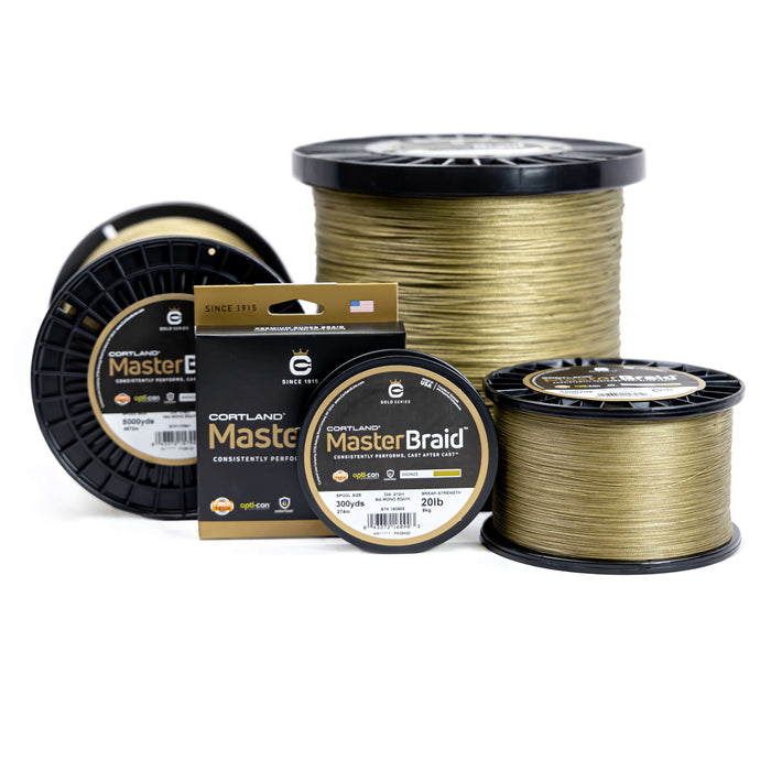 Various sizes of olive-colored fishing line spools and packaging displaying Cortland Masterbraid, a braided fishing line designed for durability and strength, suitable for fishing tackle.